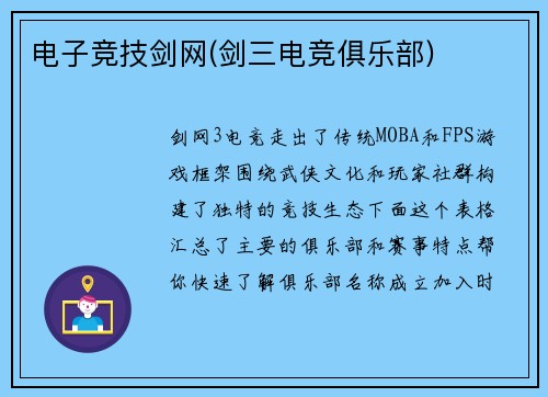 电子竞技剑网(剑三电竞俱乐部)